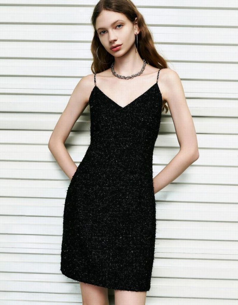 Black Urban Revivo Sleeveless Tweed V-Neck Straight Women's Dress | OZSWFV-968