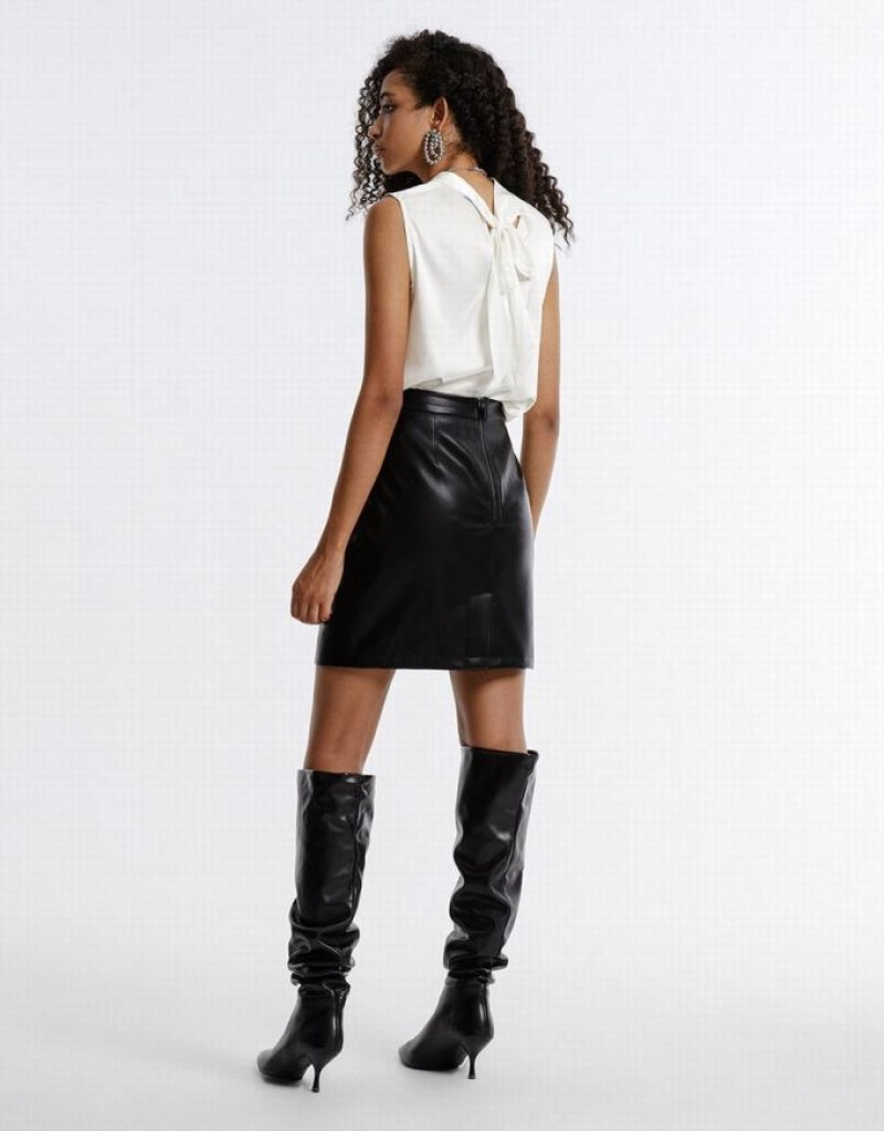 Black Urban Revivo Slit Hem Faux Leather Women's Skirts | ERQWCJ-790