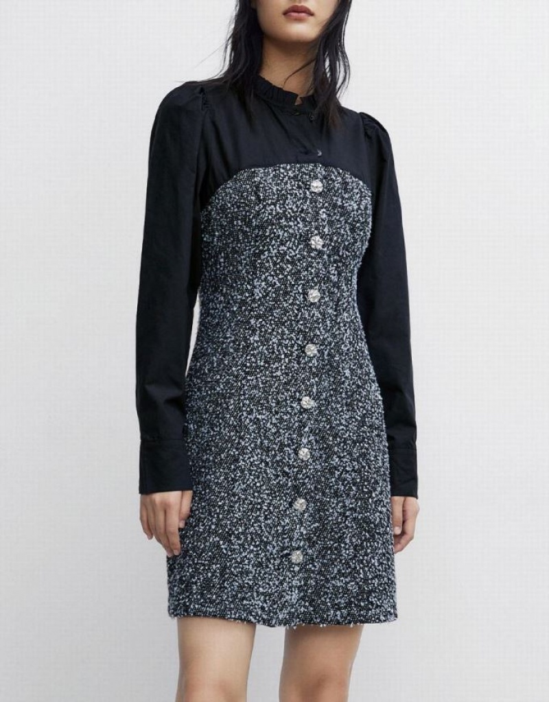 Black Urban Revivo Spliced Button Up Women's Denim Dress | YQDXUP-320
