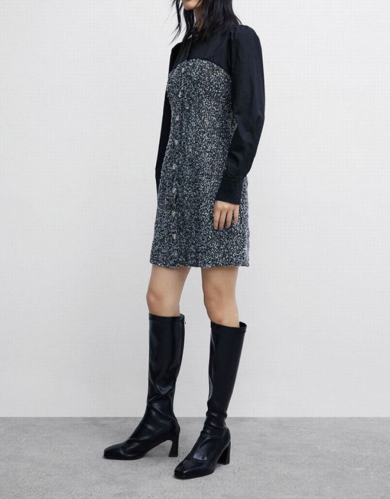 Black Urban Revivo Spliced Button Up Women's Denim Dress | YQDXUP-320
