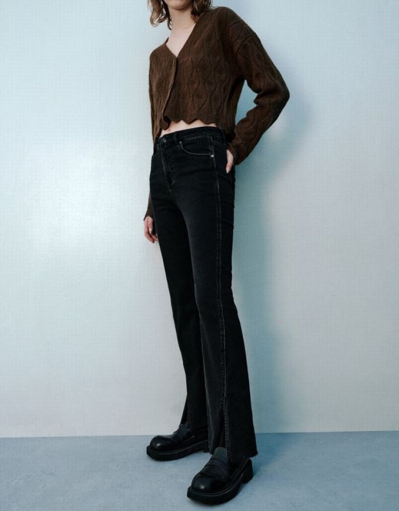 Black Urban Revivo Split Hem Flare Women's Jeans | GVRWBL-298