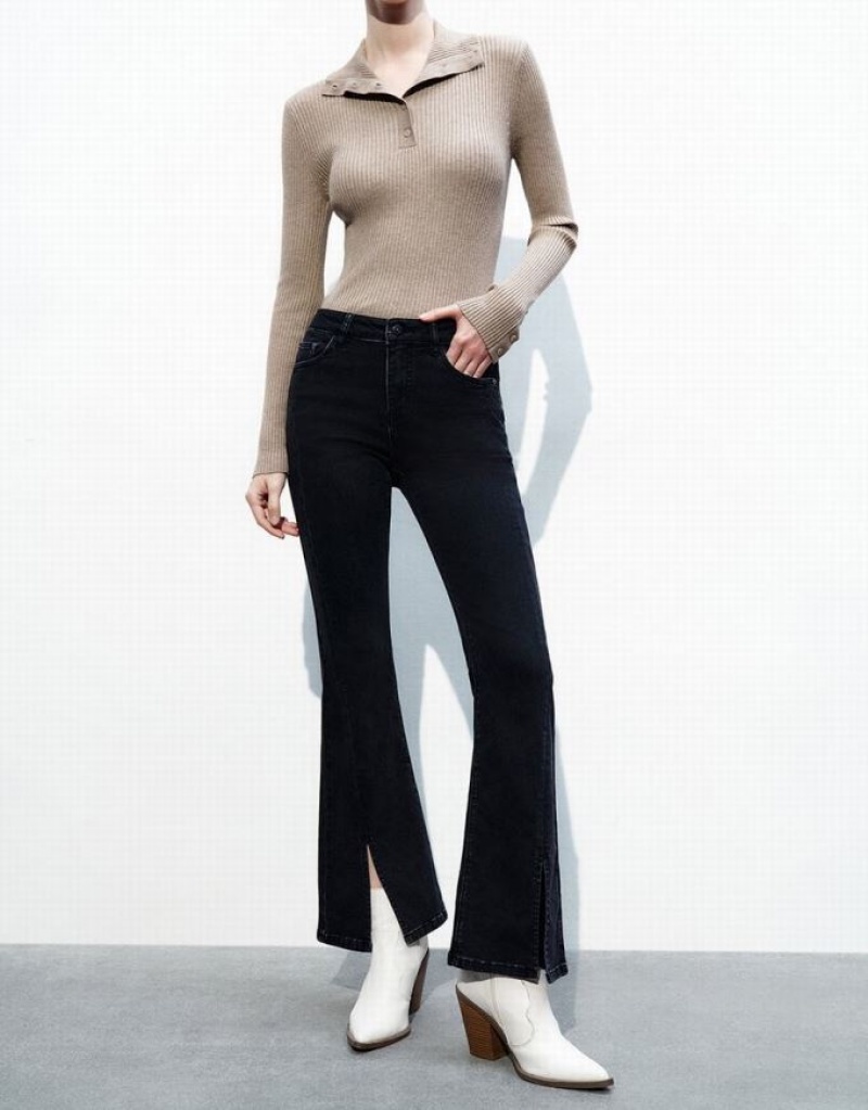 Black Urban Revivo Split Hem Flare Women's Jeans | TGDHZA-809