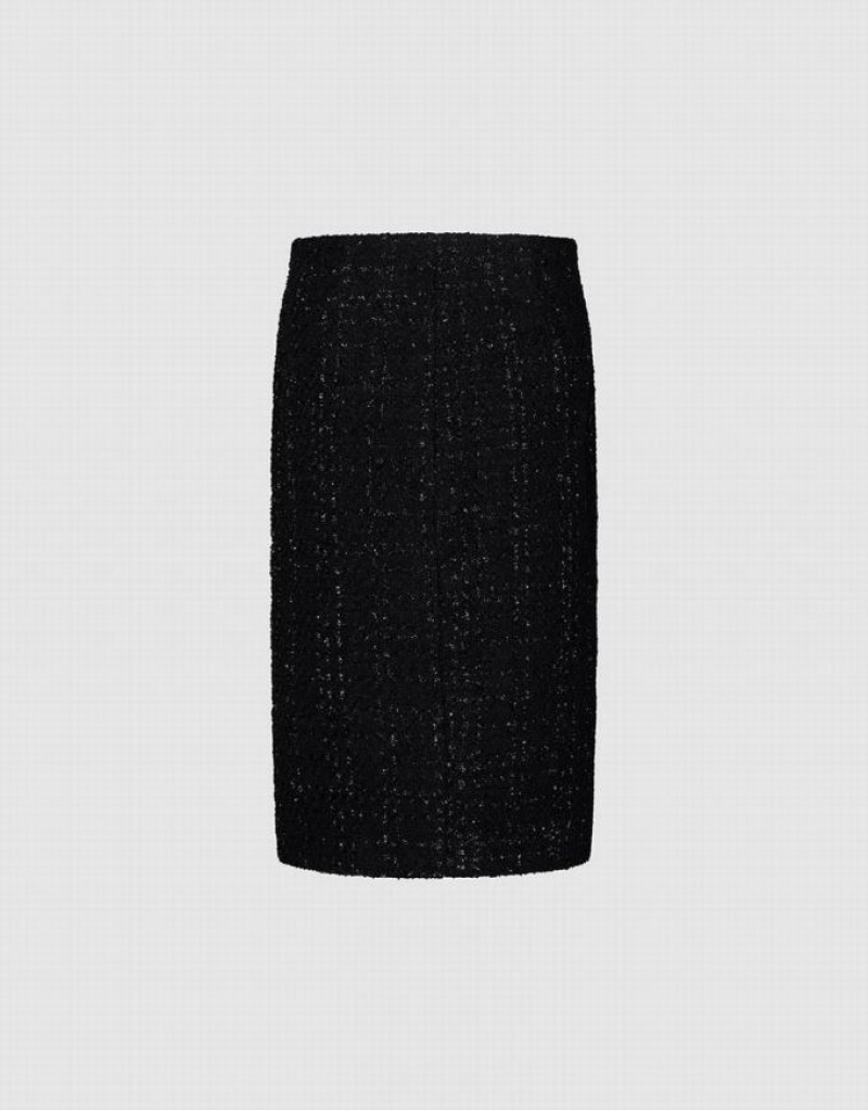Black Urban Revivo Split Hem Tweed Straight Women's Skirts | KSRYFB-456