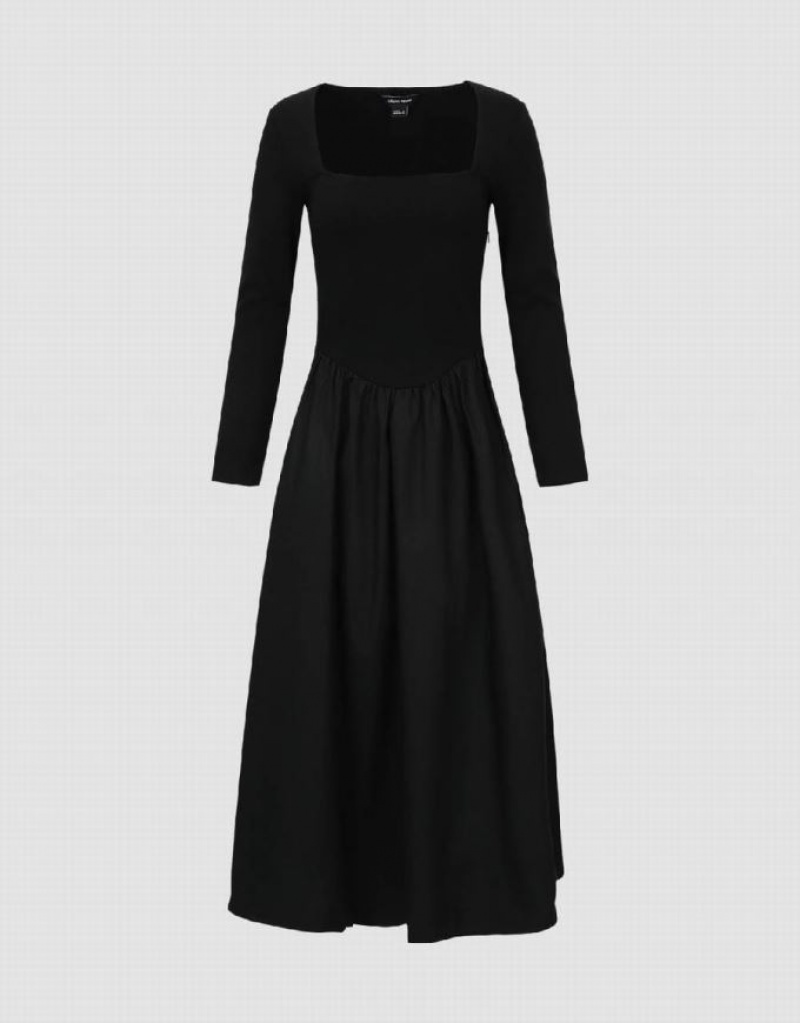 Black Urban Revivo Square-Cut Collar A-Line Women's Dress | ZSIFDU-428