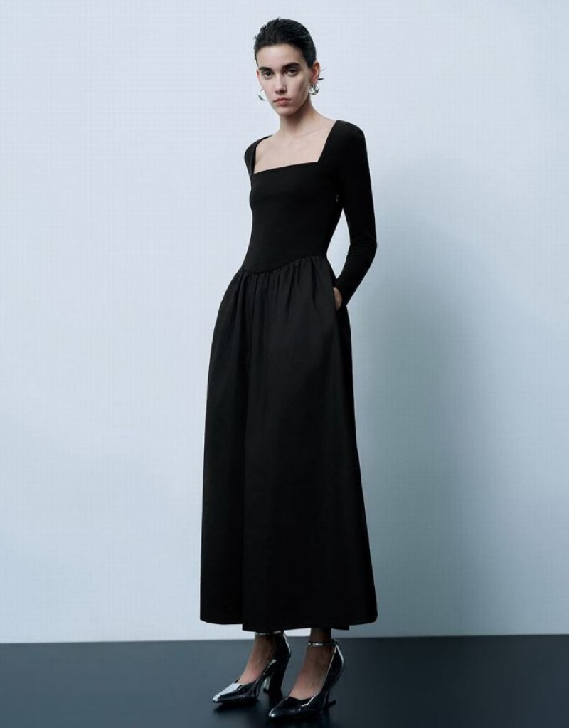 Black Urban Revivo Square-Cut Collar A-Line Women\'s Dress | ZSIFDU-428