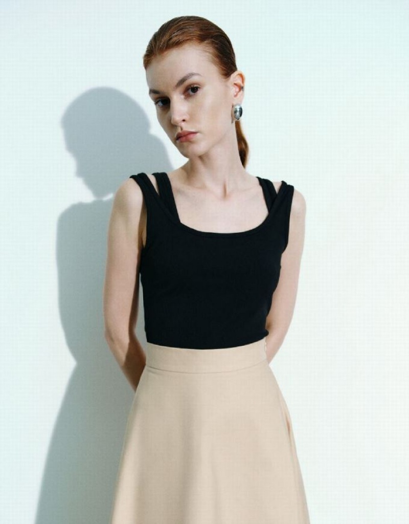Black Urban Revivo Square-cut Collar Women\'s Tank Top | VRFLOU-054
