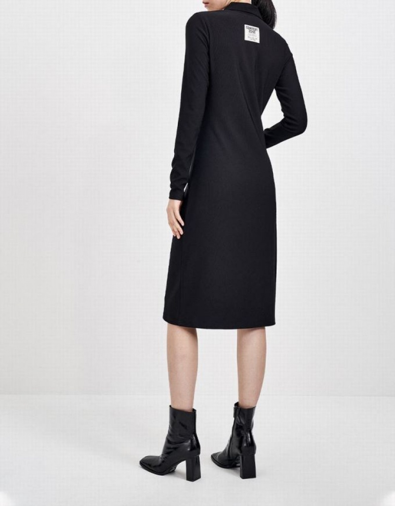 Black Urban Revivo Standard Sleeve Lapel Skinny-Fites Women's Casual Dress | KRAUMV-035