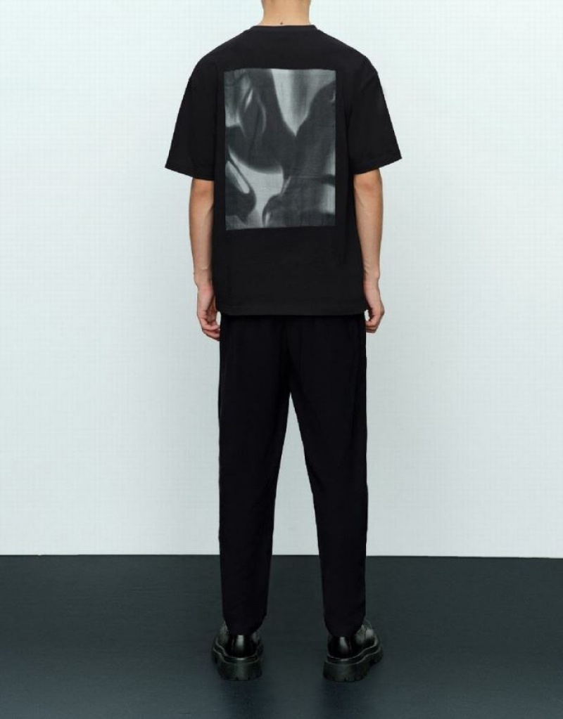 Black Urban Revivo Straight Crew Neck Men's T-Shirts | XEWDAI-439