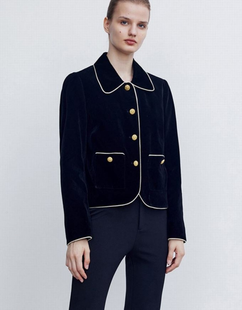 Black Urban Revivo Straight With Collar Women\'s Jacket | AJLCGE-751