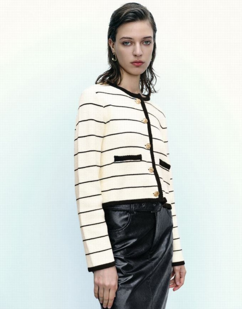 Black Urban Revivo Striped Crew Neck Knitted With Fake Pockets Women's Cardigan | GFJWMA-873