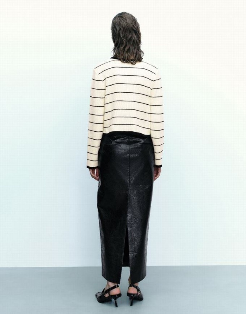 Black Urban Revivo Striped Crew Neck Knitted With Fake Pockets Women's Cardigan | GFJWMA-873