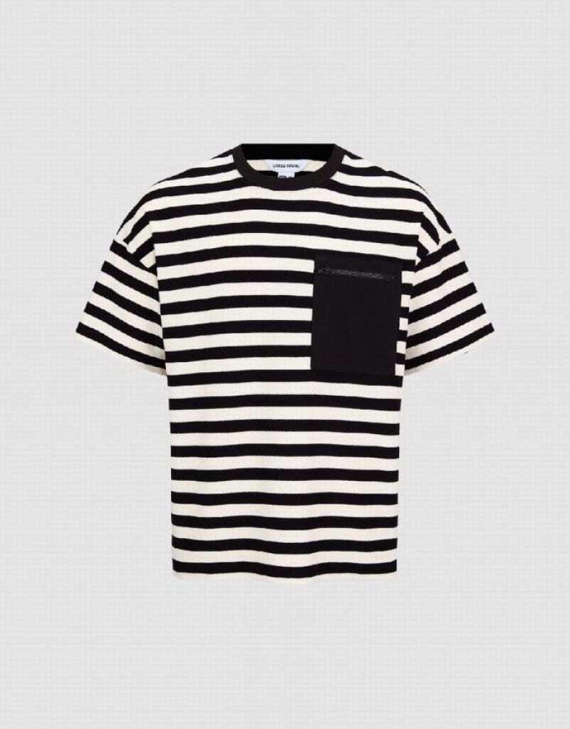 Black Urban Revivo Striped Crew Neck Men's T-Shirts | JZUDFN-450
