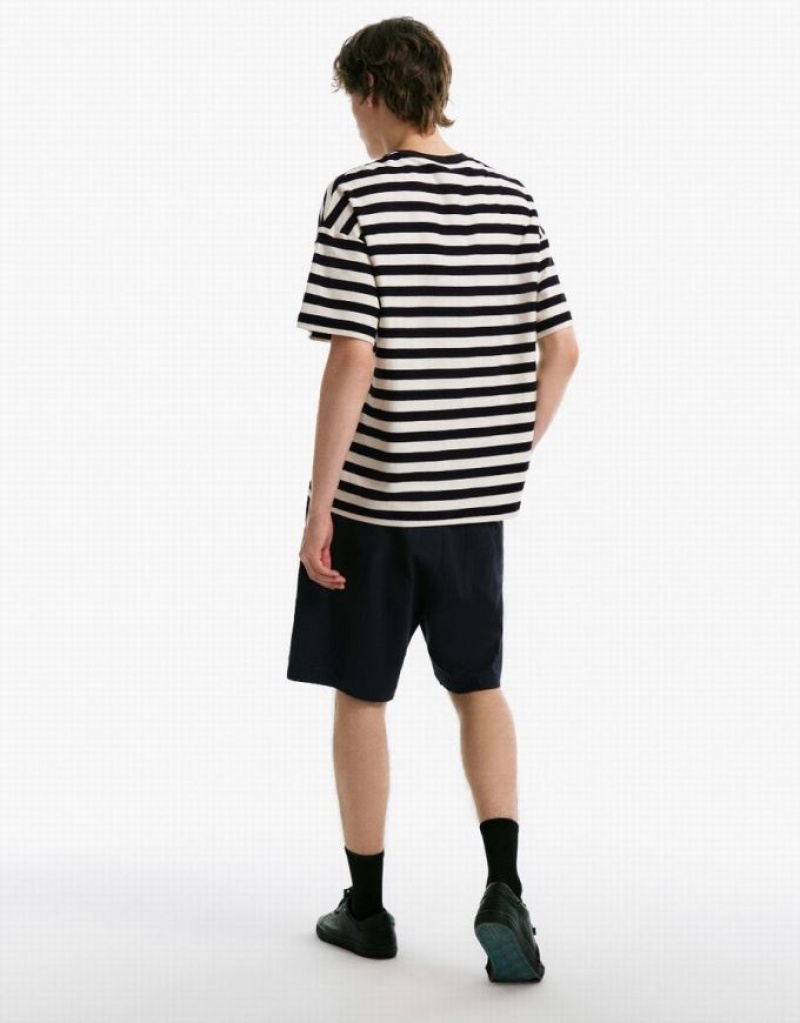 Black Urban Revivo Striped Crew Neck Men's T-Shirts | JZUDFN-450