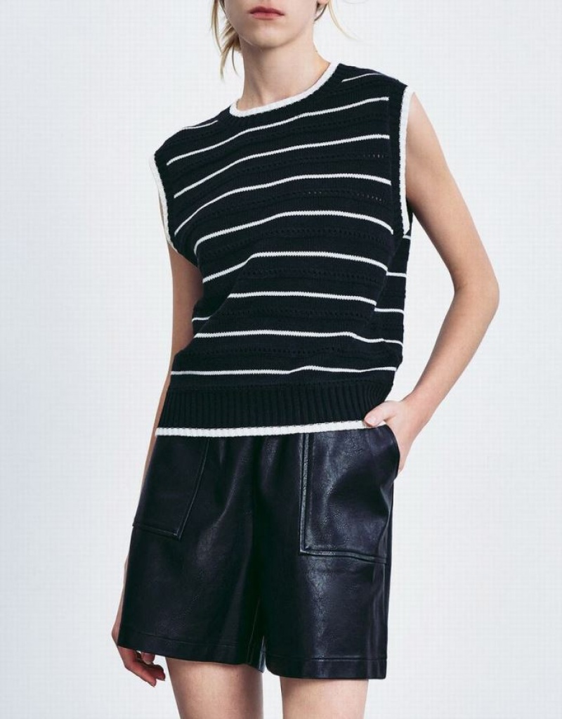 Black Urban Revivo Striped Crew Neck Women's Sweaters | WVBIAP-518