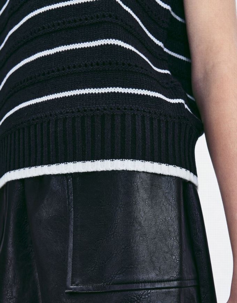 Black Urban Revivo Striped Crew Neck Women's Sweaters | WVBIAP-518