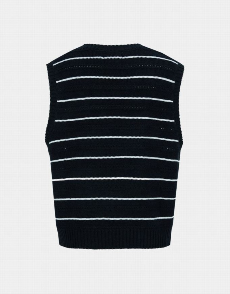 Black Urban Revivo Striped Crew Neck Women's Sweaters | WVBIAP-518