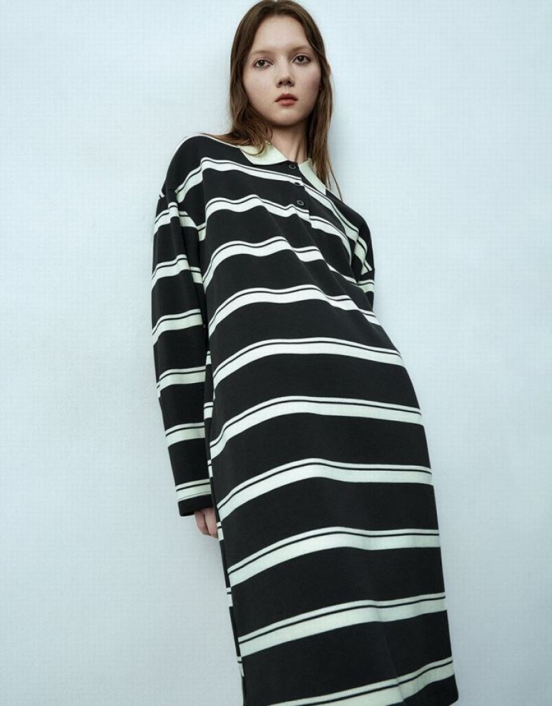 Black Urban Revivo Striped Skater Women's Short Dress | MVXZLQ-764
