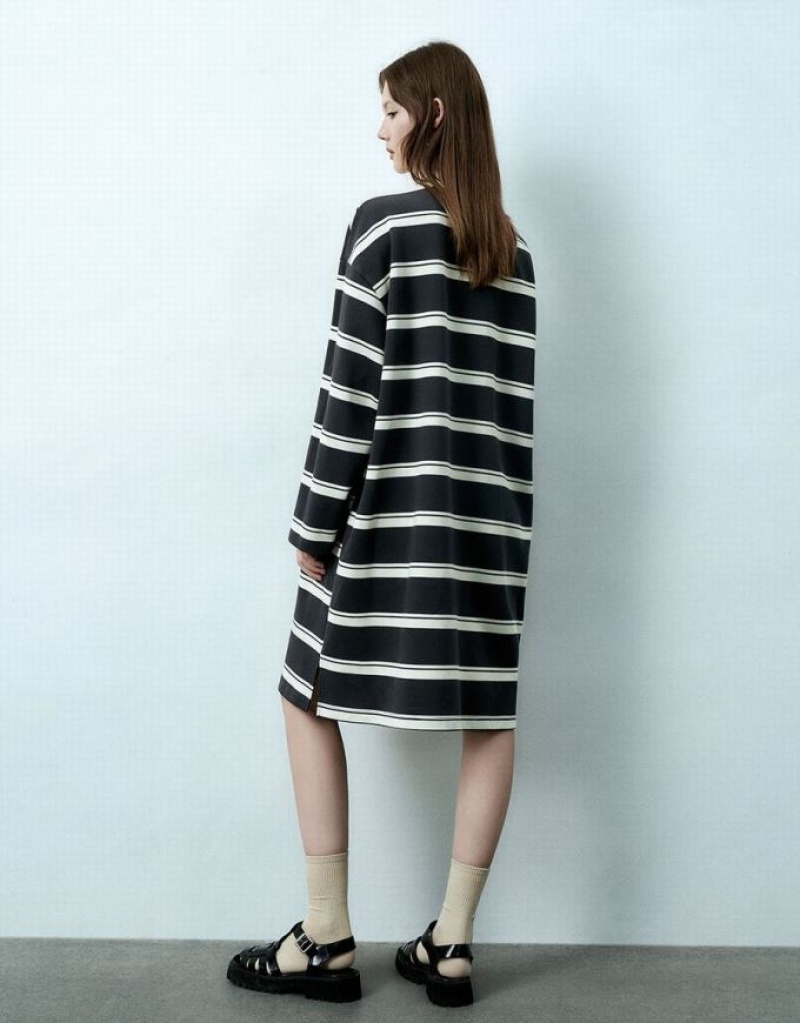 Black Urban Revivo Striped Skater Women's Short Dress | MVXZLQ-764