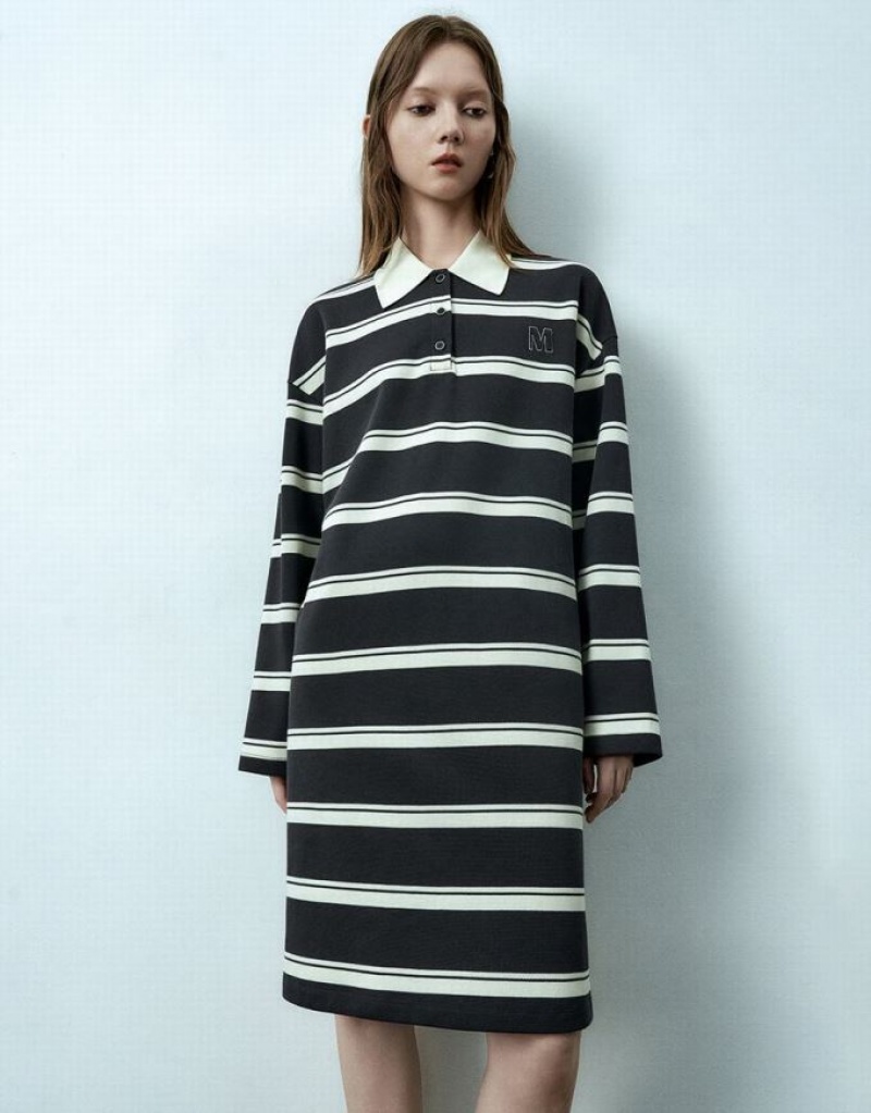 Black Urban Revivo Striped Skater Women\'s Short Dress | MVXZLQ-764