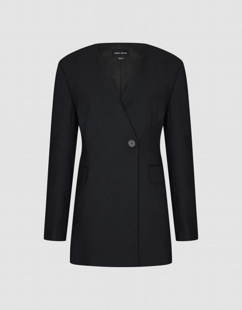 Black Urban Revivo Surplice Front Tailored Women's Blazers | RJNYZI-108