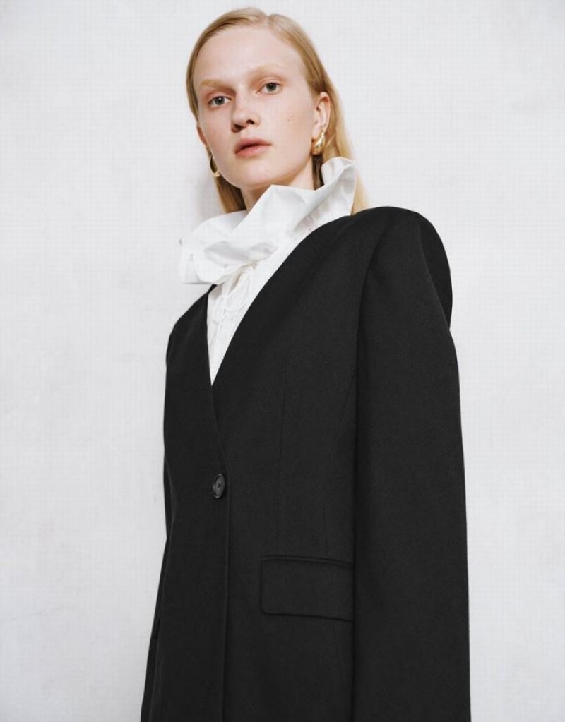 Black Urban Revivo Surplice Front Tailored Women's Blazers | RJNYZI-108