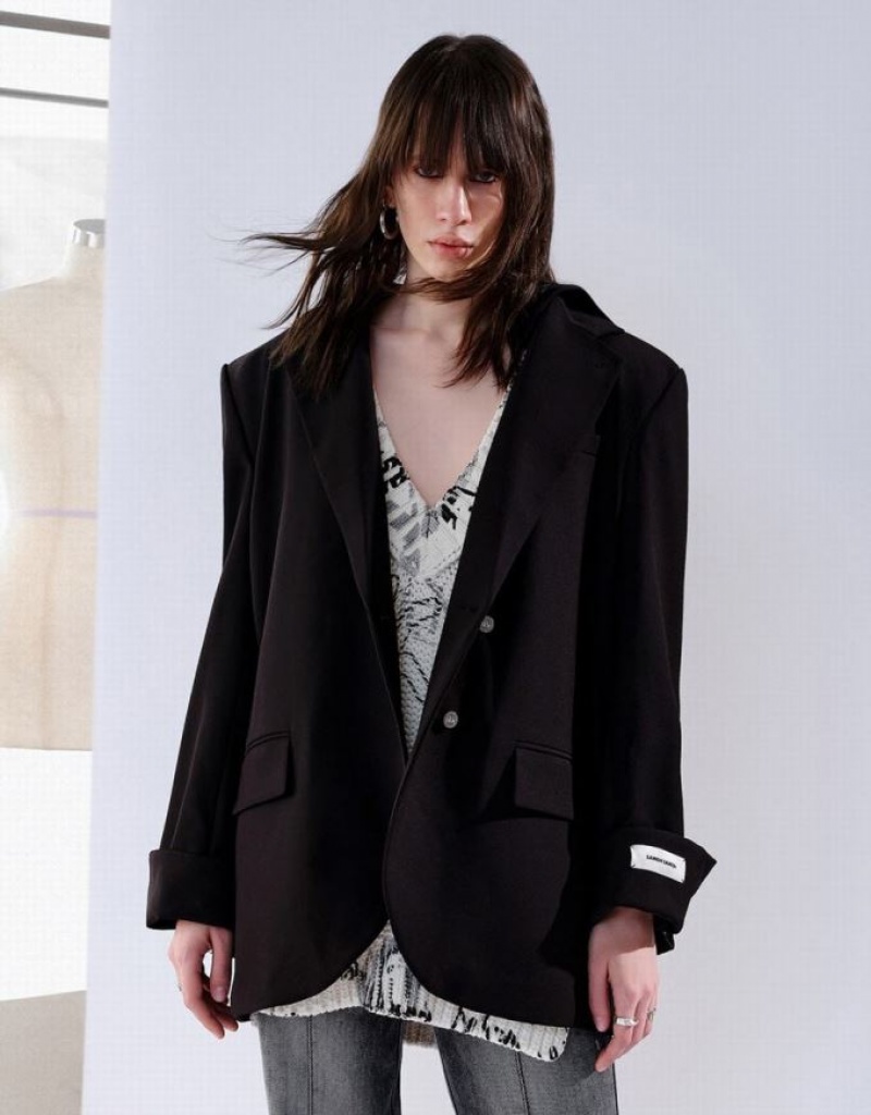 Black Urban Revivo Tailored Long Women\'s Blazers | GVSUYD-472