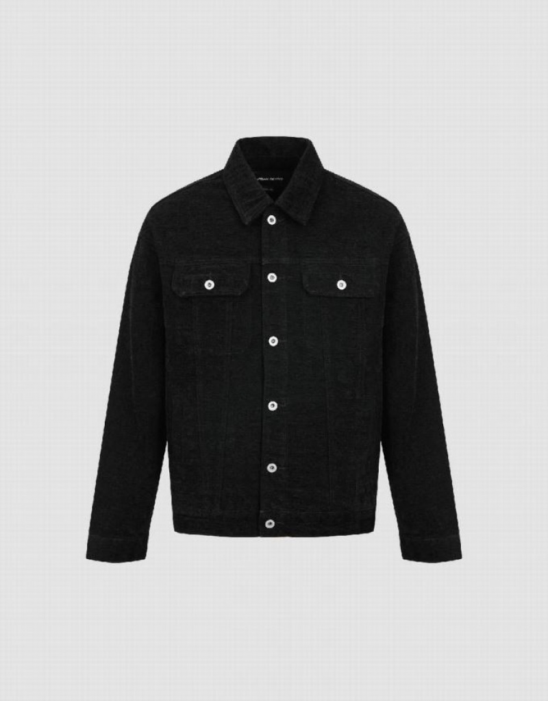 Black Urban Revivo Textured Button Up Men's Denim Jackets | GXZNCQ-875