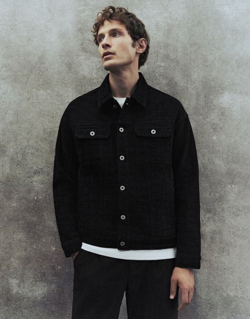 Black Urban Revivo Textured Button Up Men\'s Denim Jackets | GXZNCQ-875