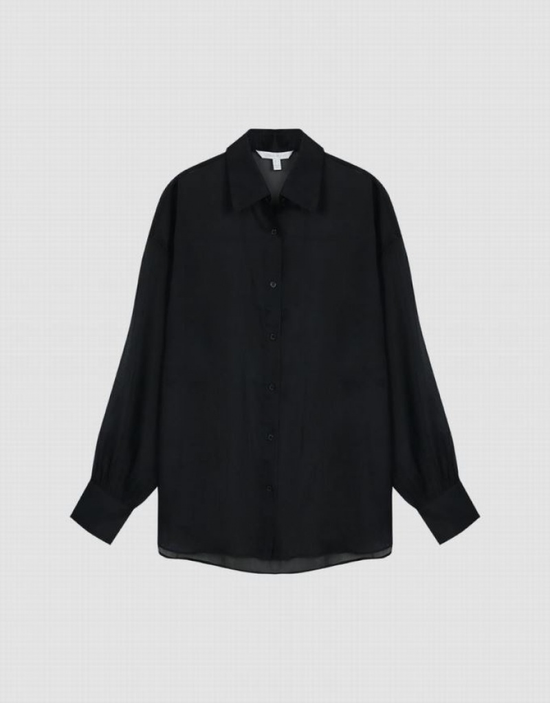 Black Urban Revivo Thin Button Up Loose Women's Shirts | WCRIQB-975