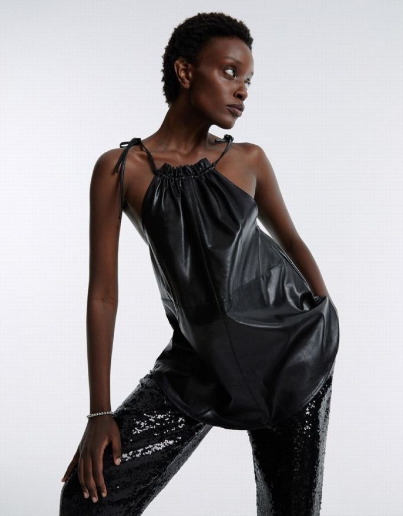 Black Urban Revivo Tie Detail Halter Neck Top Women's Blouse | VJATKD-915