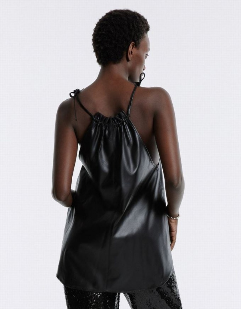 Black Urban Revivo Tie Detail Halter Neck Top Women's Blouse | VJATKD-915