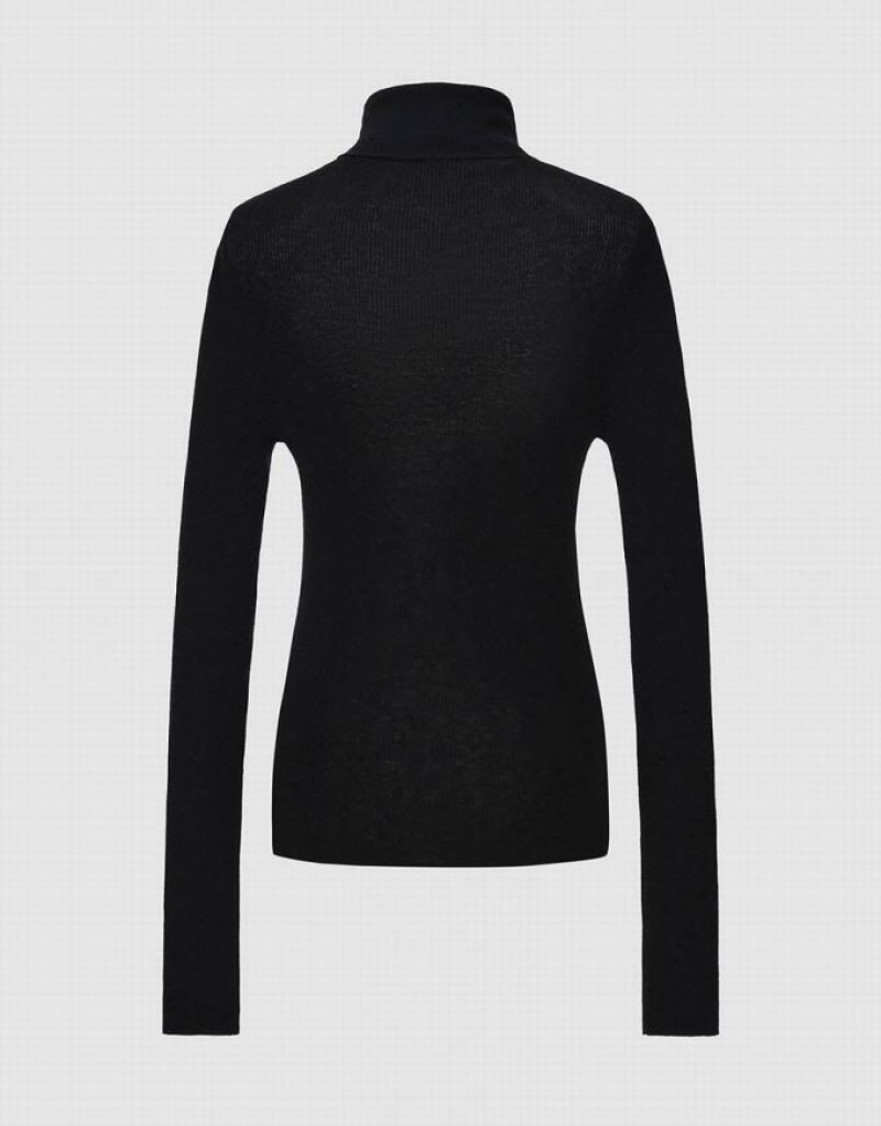Black Urban Revivo Turtle Neck Knitted Women's Cardigan | EUJXLY-105