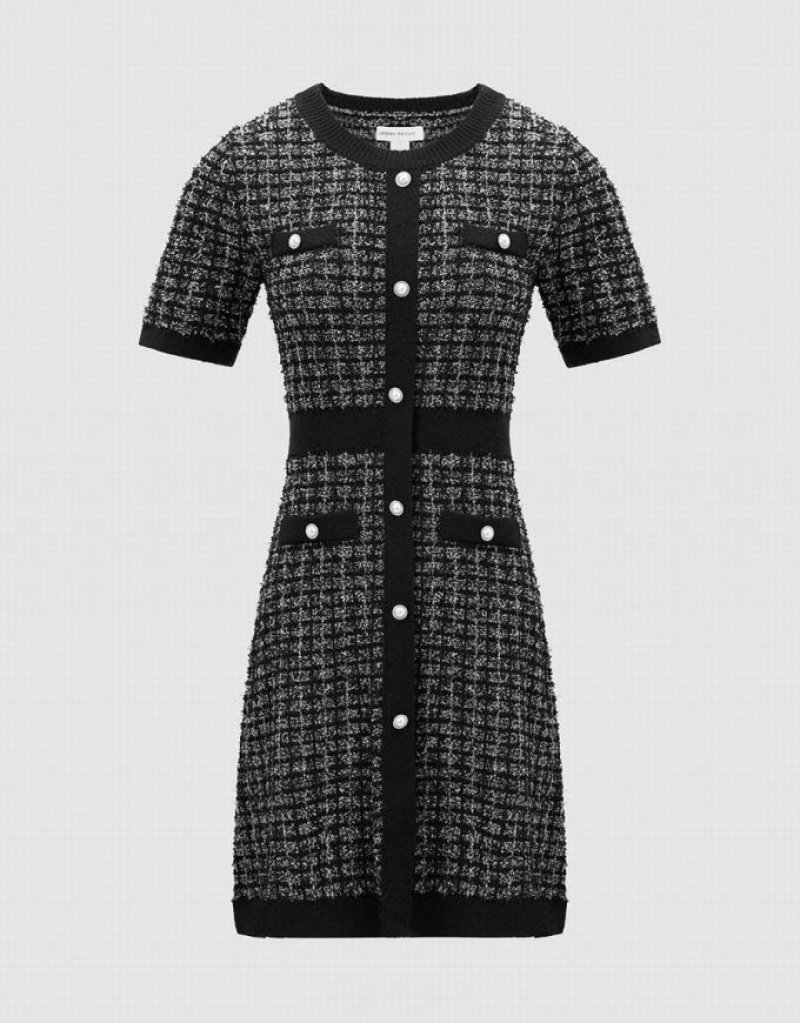 Black Urban Revivo Tweed Crew Neck Women's Knitted Dress | EIAPUS-792