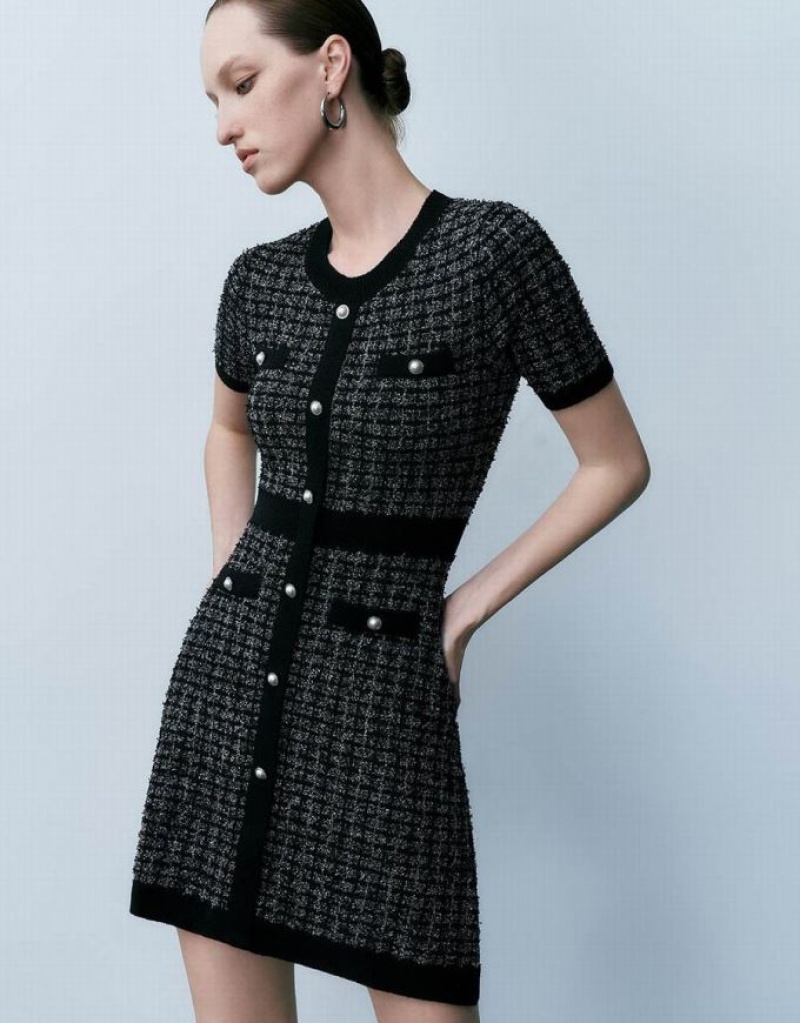Black Urban Revivo Tweed Crew Neck Women's Knitted Dress | EIAPUS-792