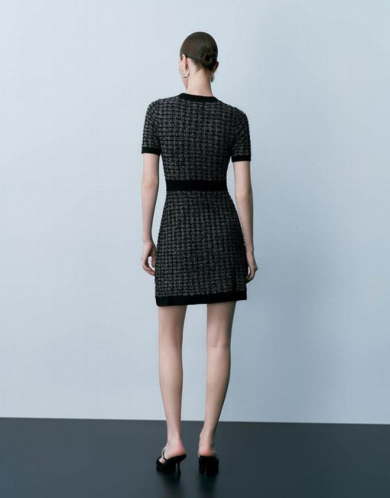 Black Urban Revivo Tweed Crew Neck Women's Knitted Dress | EIAPUS-792
