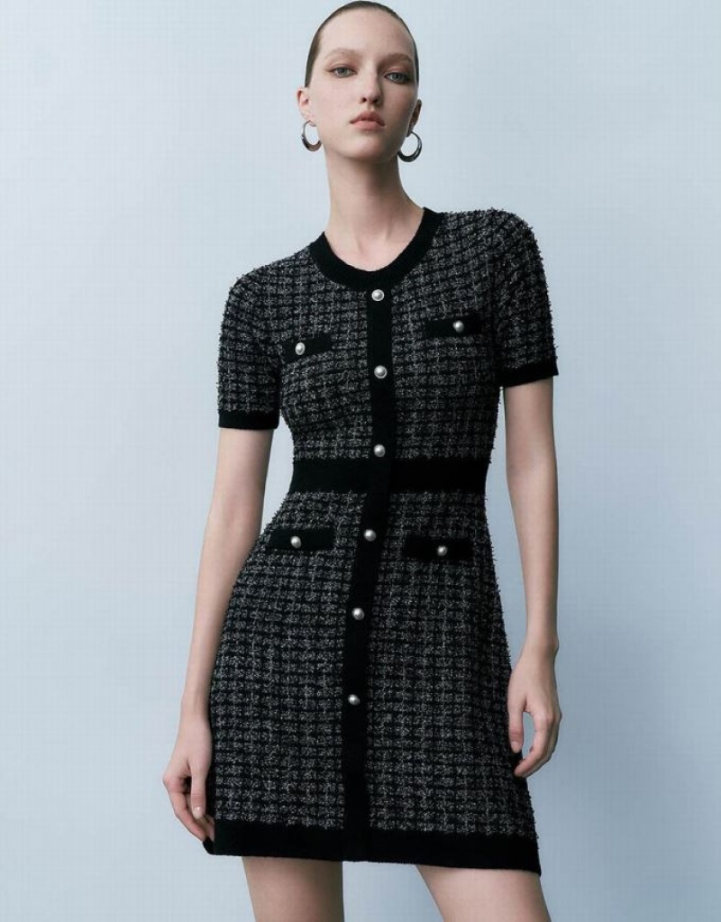 Black Urban Revivo Tweed Crew Neck Women\'s Knitted Dress | EIAPUS-792