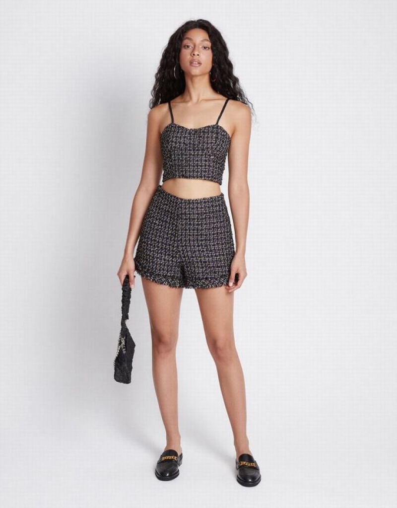 Black Urban Revivo Tweed Plaid Raw Hem Women's Shorts | UADWTE-561