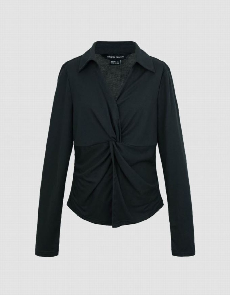 Black Urban Revivo Twist Front V-Neck Overhead Women's Blouse | GLANKQ-564