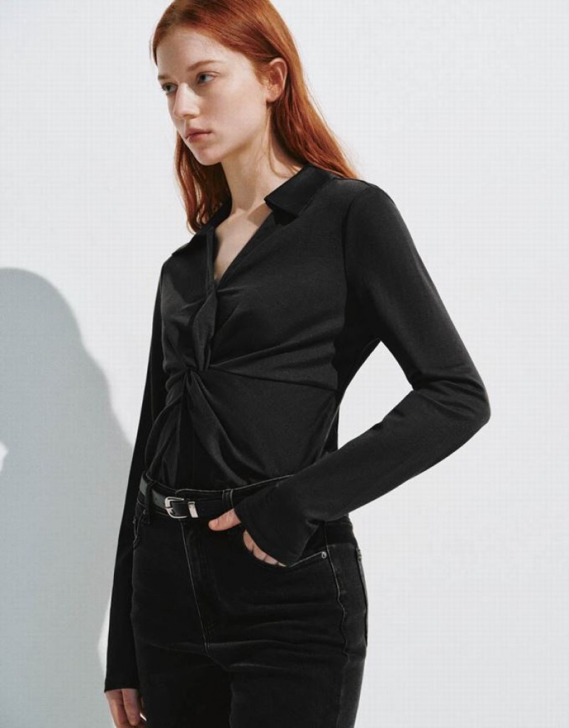 Black Urban Revivo Twist Front V-Neck Overhead Women's Blouse | GLANKQ-564