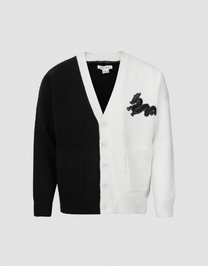Black Urban Revivo Two Toned V-Neck Knitted Men's Cardigan | PBHZNV-210