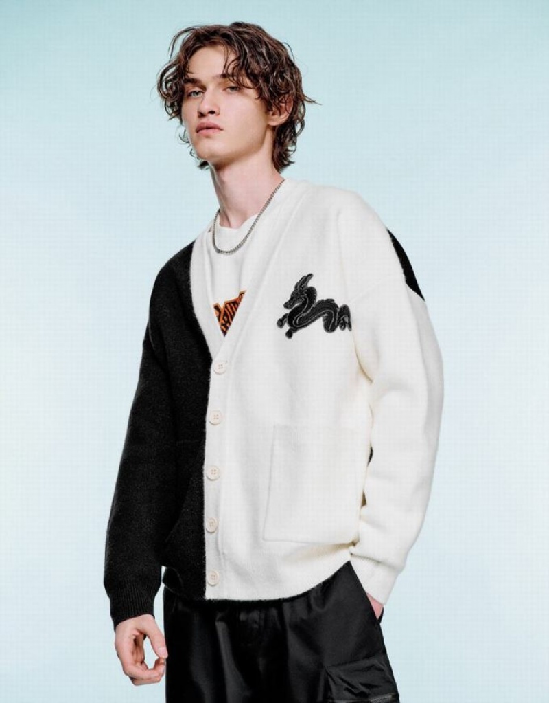 Black Urban Revivo Two Toned V-Neck Knitted Men\'s Cardigan | PBHZNV-210
