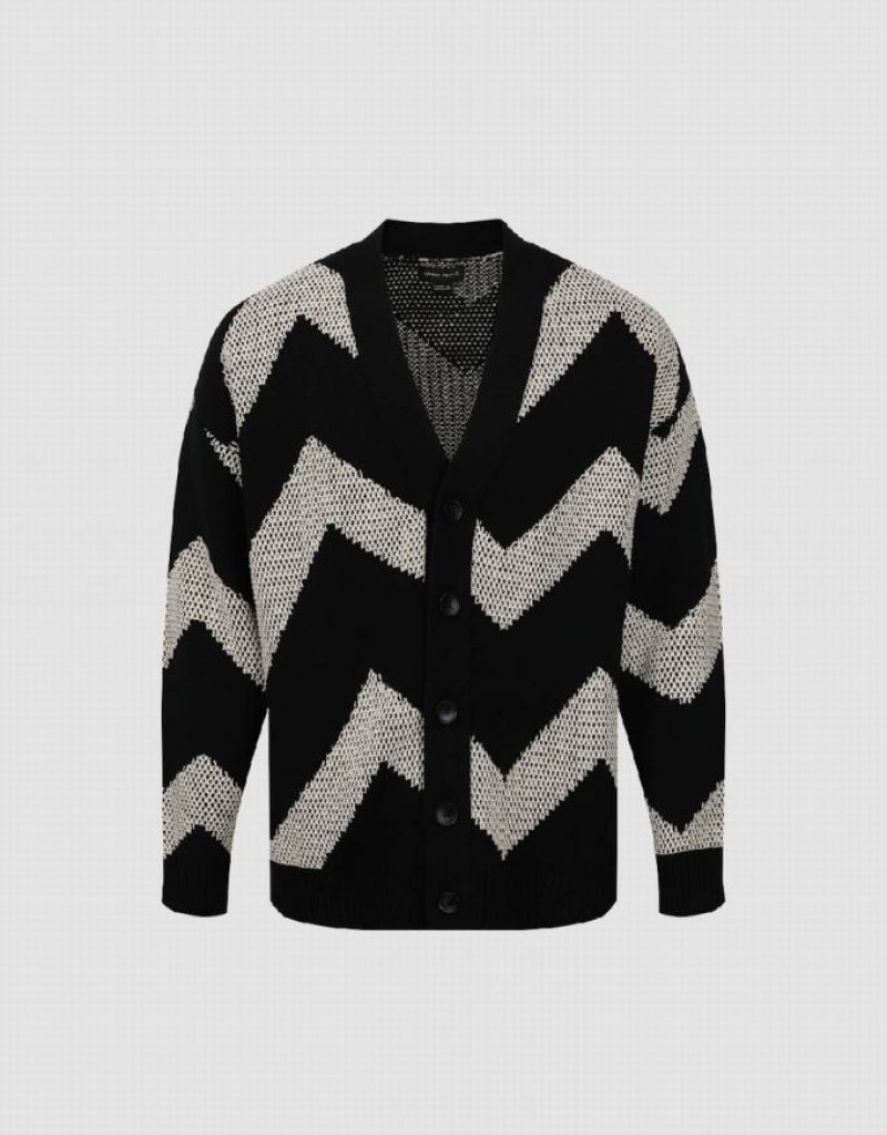 Black Urban Revivo V-Neck Knitted Men's Cardigan | BITSXD-139