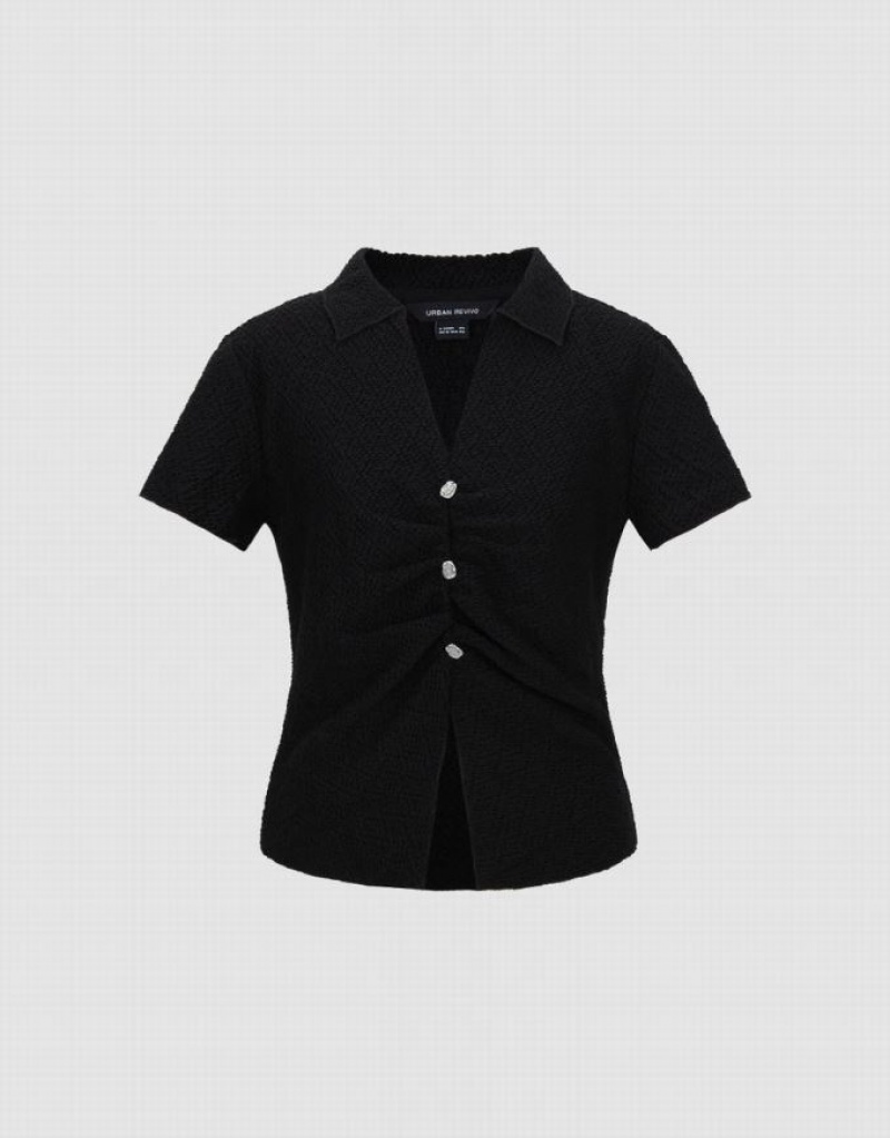Black Urban Revivo V-Neck Skinny Women's T-Shirts | FGVSNW-587