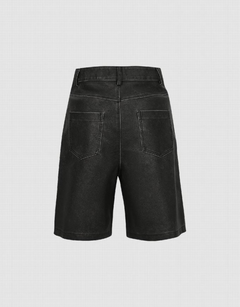 Black Urban Revivo Vegan Leather Loose Women's Shorts | TSBKXF-307