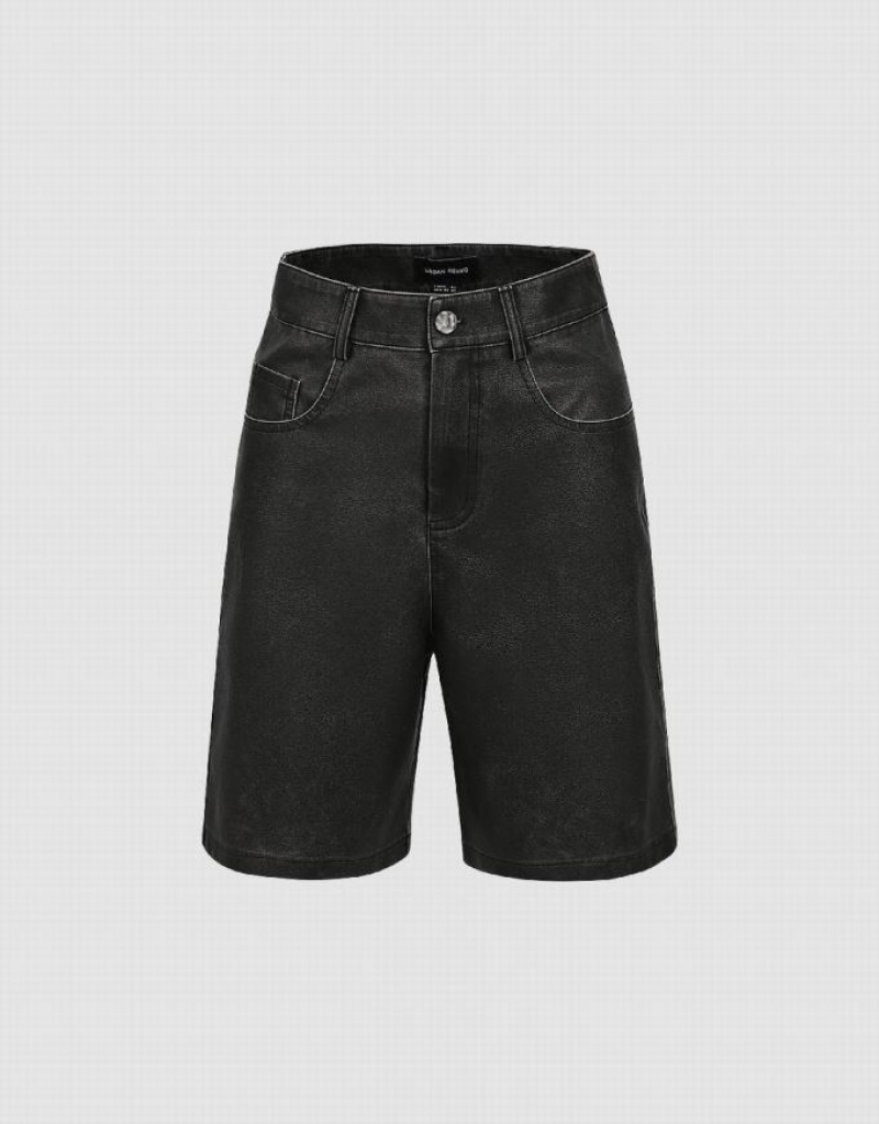 Black Urban Revivo Vegan Leather Loose Women\'s Shorts | TSBKXF-307
