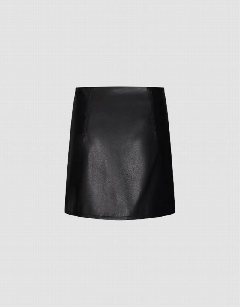 Black Urban Revivo Vegan Leather Mini Straight Women's Skirts | LFKXCB-597