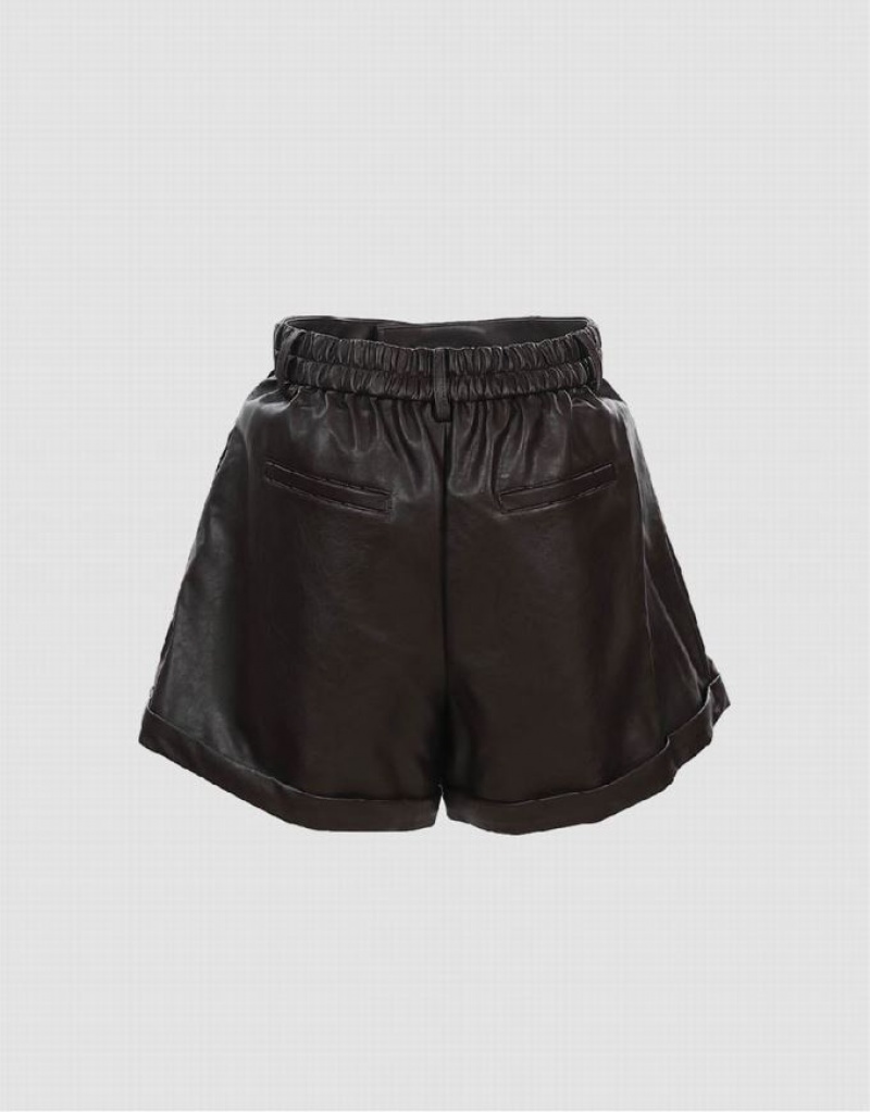 Black Urban Revivo Vegan Leather Women's Shorts | HSXLDV-742