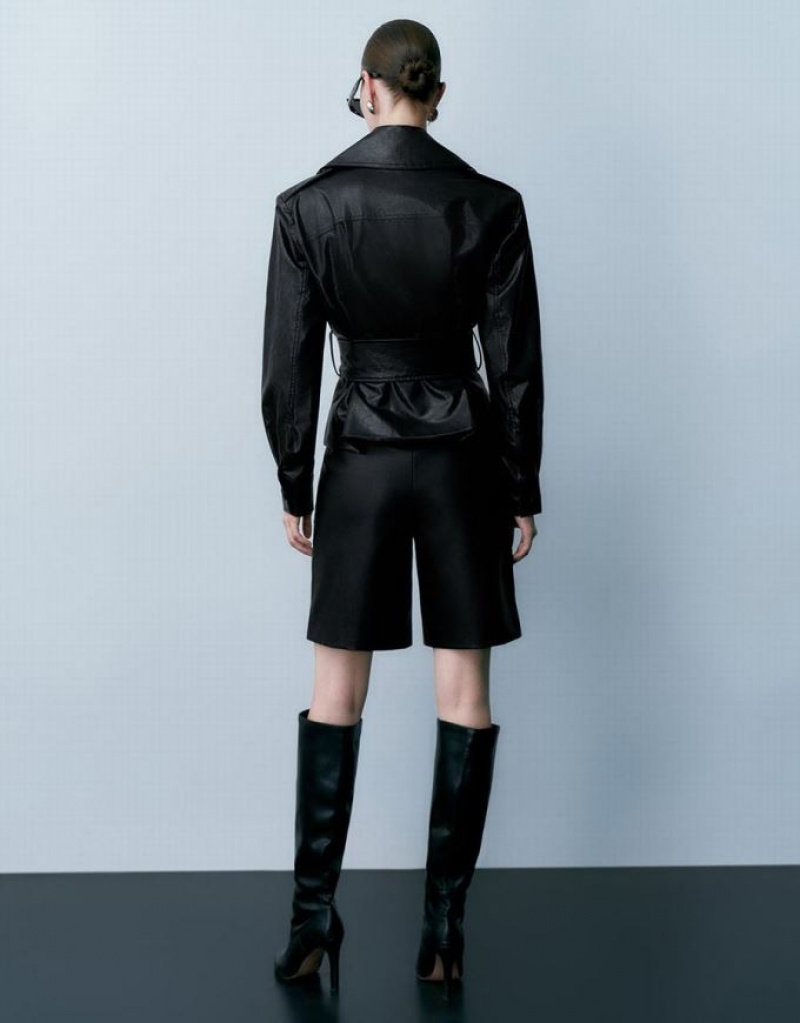 Black Urban Revivo Vegan With Belt Women's Leather Jackets | DJLMRV-165