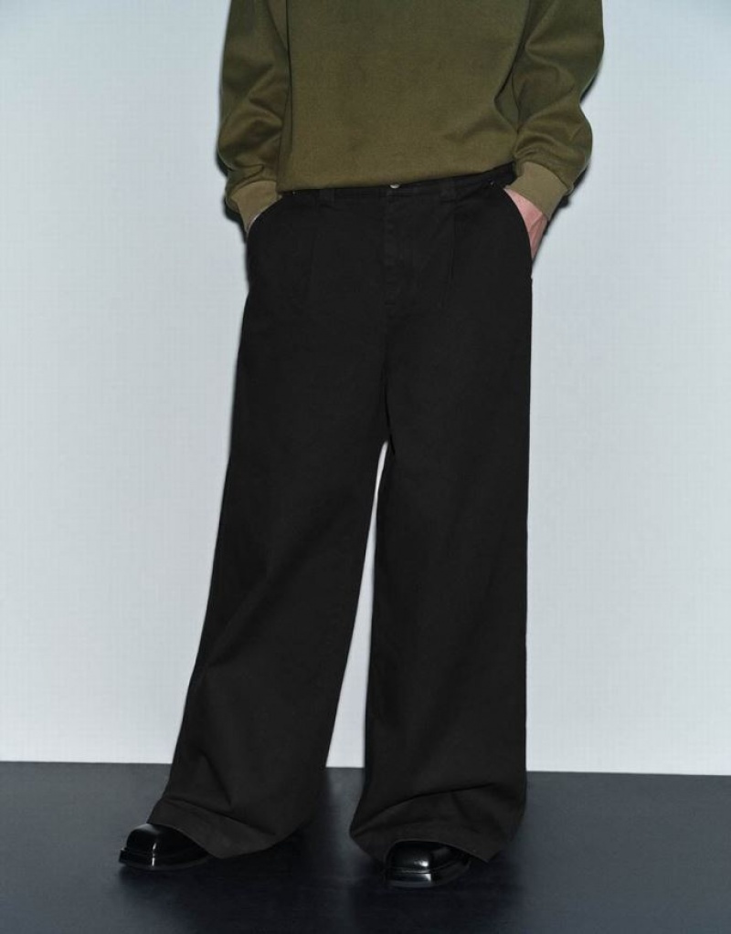 Black Urban Revivo Wide-Leg Men's Pants | BUHPFN-124