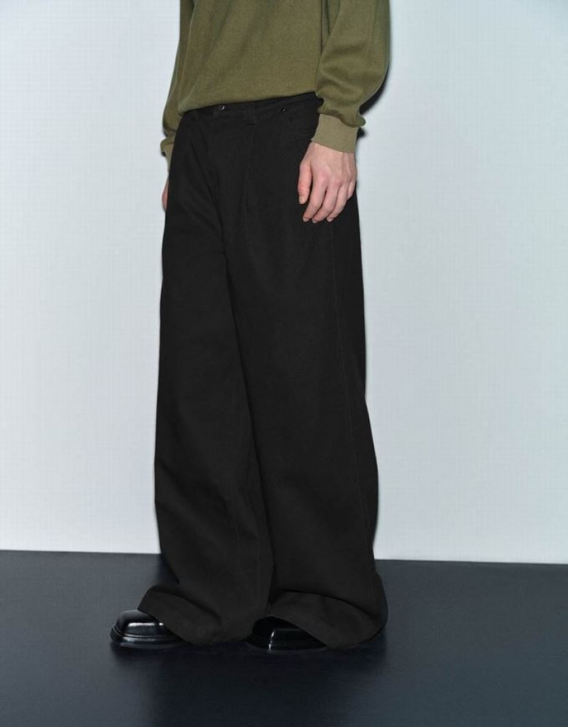 Black Urban Revivo Wide-Leg Men's Pants | BUHPFN-124